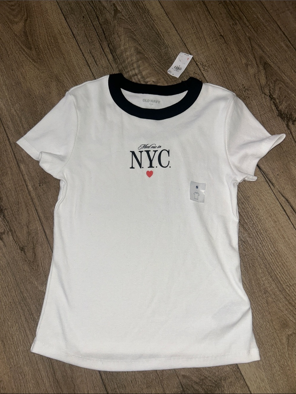 Old Navy White Ringer Tee with Navy Trim and Red Heart NYC Graphic